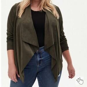 Torrid Faux Suede Drape Front Boho Jacket in Rosin Dark Green